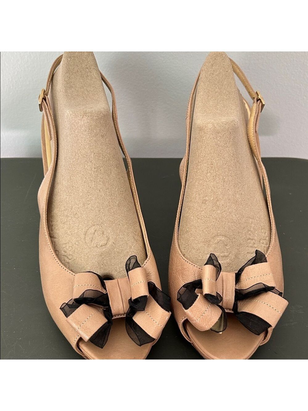 Kate Spade Billow Beige Peep-Toe Slingback with Black Bow Accent